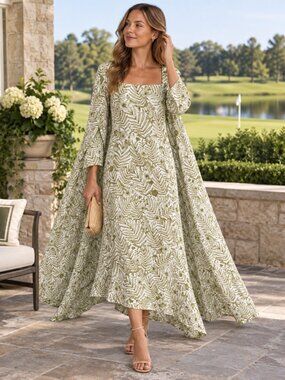 Byrdie Golf Le Social Midi Martini Cape Dress Gown Green White Palm Print